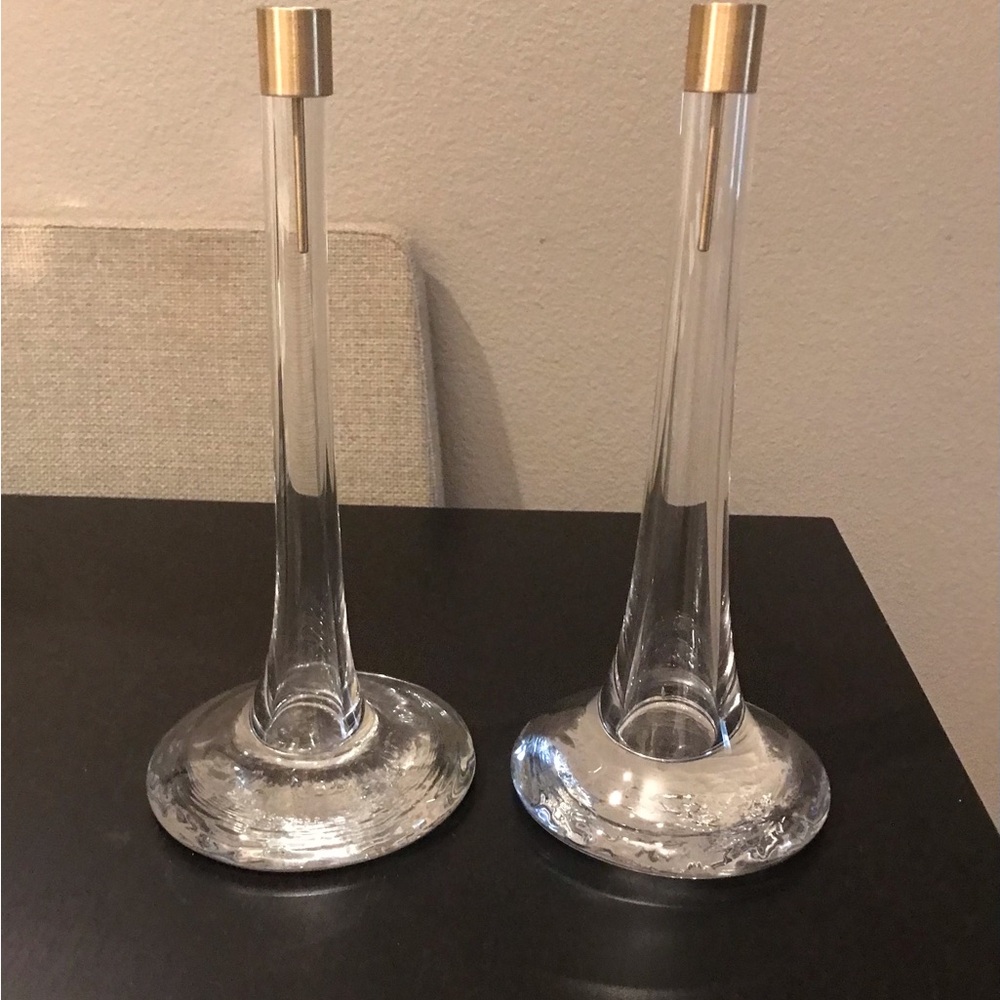 Elegant Lugano Blown Art Glass Candle Holders with Gold Accents-one set of two.